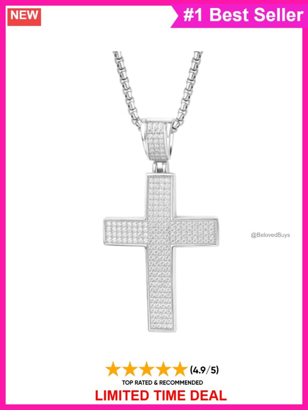 Moissanite Cross Necklace S925 Sterling Silver 18K White Gold Plated Hip-Hop